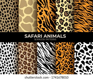 Animal fur seamless patterns set, leopard, tiger and zebra vector backgrounds. African animals fur and skin hair texture, simple brown jaguar stripes, black panther and beige giraffe spots pattern - Shutterstock ID 1741678010