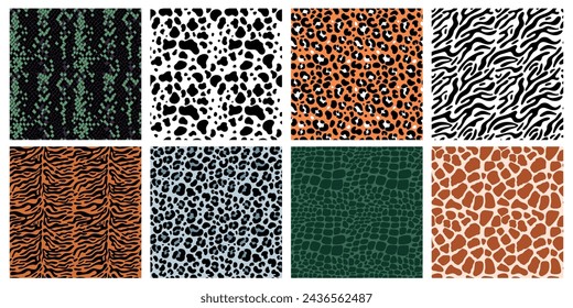 Animal fur and skins seamless patterns. Natural prints. Mammals or reptiles exotic colors. Leather with spots and stripes. Snake scales. Zebra and leopard backgrounds