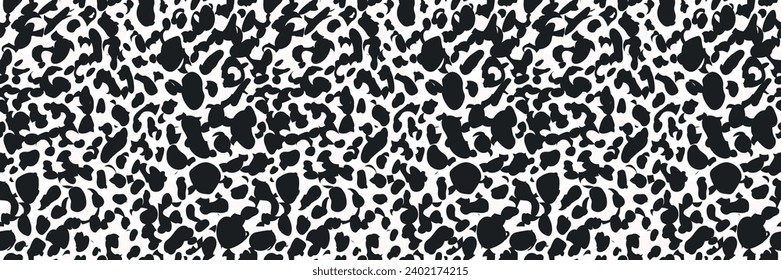 Superficie de textura de piel animal. Patrón sin foco con manchas dálmatas y huellas de vacas. Resumen de diseño con moteado en blanco y negro. Perfecto para papel textil, papel pintado y papel envolvente.