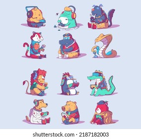 animal gamers playing games icon vector