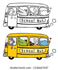animal gang on school bus cartoon illustration vector