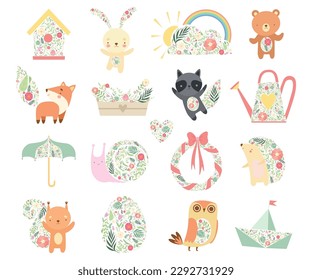 Animal and Garden Object Decorated with Spring Flower Big Vector Set