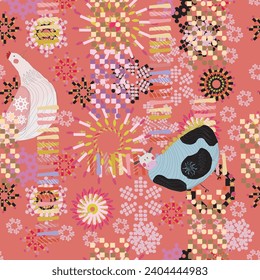 Animal and geometric seamless vector pattern. Green background bird colorful geometric desing. style, textile, fashion and childh pattern,