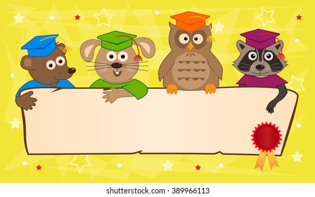 Animal Graduation Banner - Cute animals with graduation caps holding a blank banner with certificate seal in the corner. Eps10