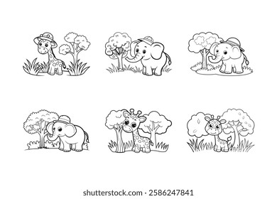 Animal with grass coloring page line art silhouette vector