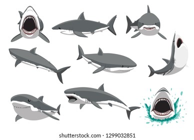 Animal Great White Shark Nine Poses Carton Vector Illustration