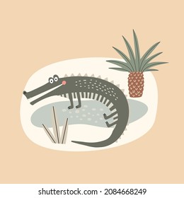 animal green crocodile with background, vector illustration in cartoon style for posters and cards