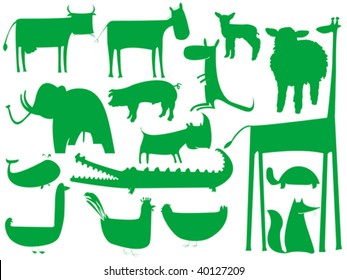 animal green silhouettes isolated on white, vector art illustration