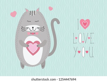 Animal greeting card with grey cat. Lettering "I love you". Hand drawn cute cat. Cartoon kawaii character. Love greeting card. Flat design style. Saint Valentine's Day template.