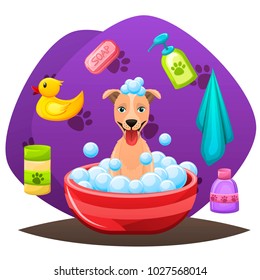 Animal grooming salon illustraion. Dog having bath in water with soap,shampoo and bubbles. Dog hair hygiene. Pet shop concept