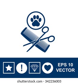 Animal grooming vector icon with paw, hairbrush and scissors, animal sign.