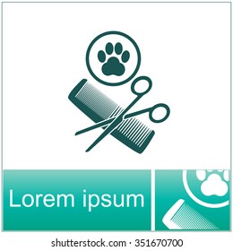 Animal grooming vector icon with paw, hairbrush and scissors, animal sign.