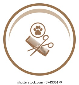 Animal grooming vector icon with paw, hairbrush and scissors, animal sign.