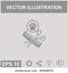 Animal grooming vector icon with paw, hairbrush and scissors, animal sign.