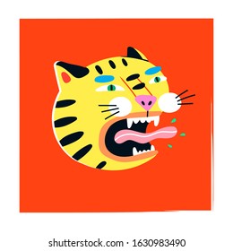 Animal growl. Roaring of Tiger or cat. Hand drawn trendy vector illustration. Comic, cartoon quirky style. Trendy design. Bright colors. Funny character. Modern Tattoo idea. Sticker style