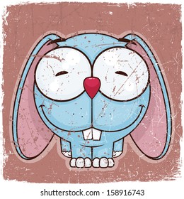 Animal grunge card with funny cartoon rabbit.