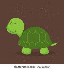 Animal grunge and grained old retro background, cartoon turtle with shadow, vector illustration