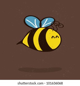 Animal grunge and grained old retro background, cartoon bee with shadow, vector illustration