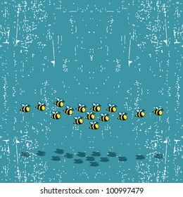 Animal grunge old retro background, cartoon bees flying with shadow, vector illustration