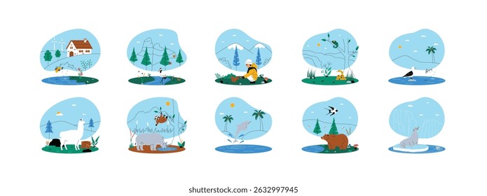 Animal habitat in the wild, ecosystem vector illustration.