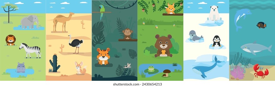 Animal habitats big set. Savannah, desert, jungle, forest, arctic, underwater. Flat design. Cartoon animals. Vector vertical banners. 