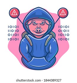Animal Hacker Mascot Cartoon Vector Illustration. Pig Programmer Logo. Animal illustration. Flat Cartoon Style Suitable for Product, Apparel, Digital Print 