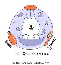 Animal hair grooming salon logo, haircuts, bathing. Cartoon dog taking a bath full of soapy suds. Dog pet grooming. Vector illustration