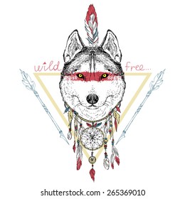 Animal Hand Drawn Illustration, Wolf Indian Warrior,  Native American Poster