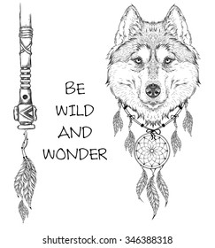 animal hand drawn illustration, wolf indian warrior, native american poster.  Hand draw vector illustration