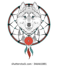 animal hand drawn illustration, wolf indian warrior, native american poster.  Hand draw vector illustration