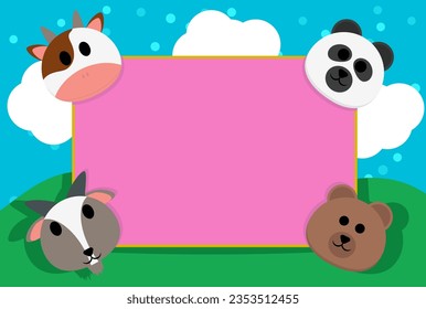 animal head banner panda bear goat and cow with landscape background