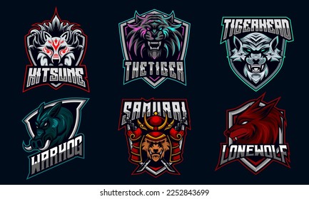 Animal Head Character E-sport Mascot Logo Design Bundle Set kitsune, wolf, tiger, pig, warthog, symbol, icon collection vector illustration gaming team