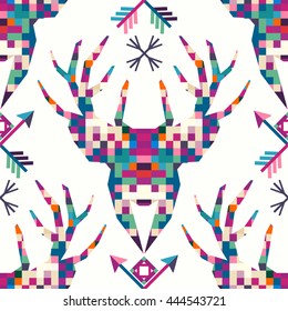 Animal head deer triangular pixel icon , geometric trendy line design. Vector illustration seamless pattern