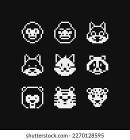 Animal head emoji, pixel art icon set monkey, gorilla, wolf, opossum, tiger and leopard. Sticker, logo, embroidery design. Different types animals isolated vector illustration. Video game assets.