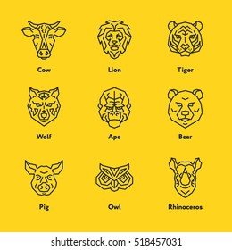 Animal Head Face Cow Lion Tiger Pig Owl Rhinoceros Wolf Ape Bear Vector Emblem Minimalistic Geometric Line Icon Set