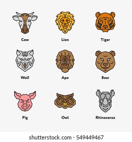 Animal Head Face Cow Lion Tiger Pig Owl Rhinoceros Wolf Ape Bear Vector Emblem Minimalistic Geometric Colorful Flat Line Icon Set Collection