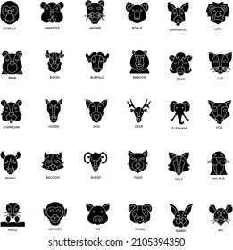 Animal Head flat vector black and white icon collection set