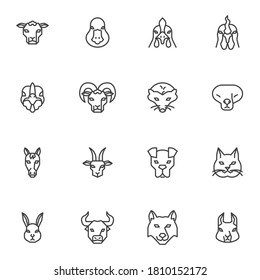 Animal head front view line icons set, outline vector symbol collection, animal face linear style pictogram pack. Signs, logo illustration. Set includes icons as duck bird, chicken, cat, dog, rabbit