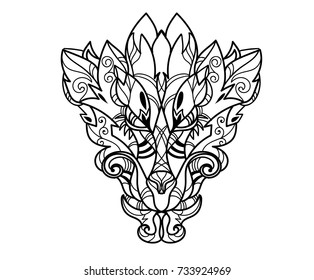 Animal head icon , geometric sketch line design. Vector illustration ready for tattoo or adult relax anti-stress coloring book. Dragon head tattoo hand drawn