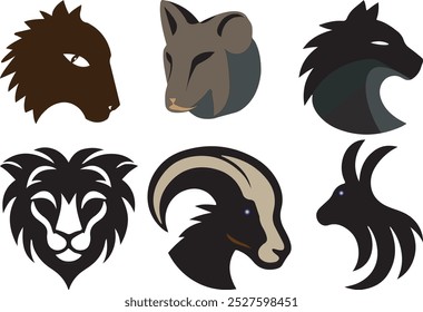 animal head icon set including lion, tiger and goat head with illustration