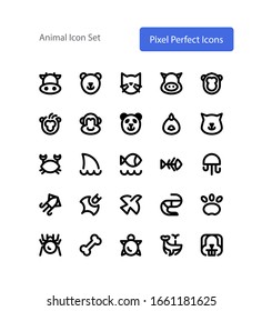 Animal head icon set vector isolated pixel perfect icons with outline stroke style black color