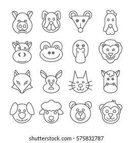 Animal Head Icons Set In Thin Line Style