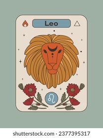 Animal head. Leo is a zodiac sign. Red poppies. Fire sign of the horoscope. Poster in vintage style. Flat vector illustration