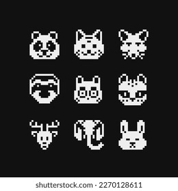 Animal head pixel art icon set panda, mouse, deer, elephant, hare and leopard. Sticker, emoji, logo, embroidery design. Different types animals isolated vector illustration. Video game assets.