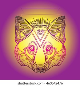 Animal head print for adult anti stress coloring page. Ethnic patterned ornate hand drawn vector illustration. Sketch for tattoo, poster, print or t-shirt. dog head, a wolf and husky