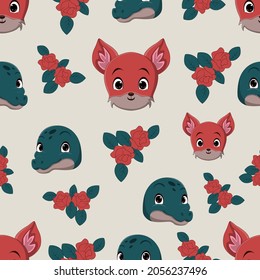 Animal head seamless pattern with fox and crocodile
