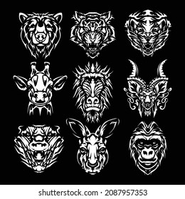 animal head set black white illustration