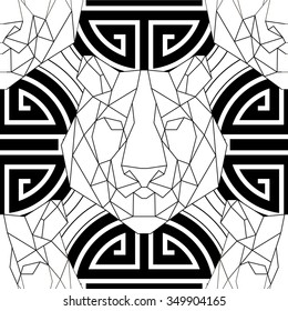 Animal head triangular icon , geometric pattern trendy line design. Vector illustration ready for coloring book or print shop. Tiger seamless pattern.Chinese Lucky Symbol