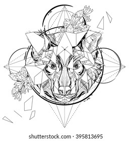 Icono triangular de cabeza animal , diseño de línea geométrica de moda. Ilustración vectorial preparada para tatuar o colorear libro. Esbozo de baja polea en la cabeza del lobo.