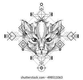 Animal head triangular icon , geometric trendy line design. Vector illustration ready for tattoo or adult relax anti stress coloring book. Cat head low-poly sketch hand drawn